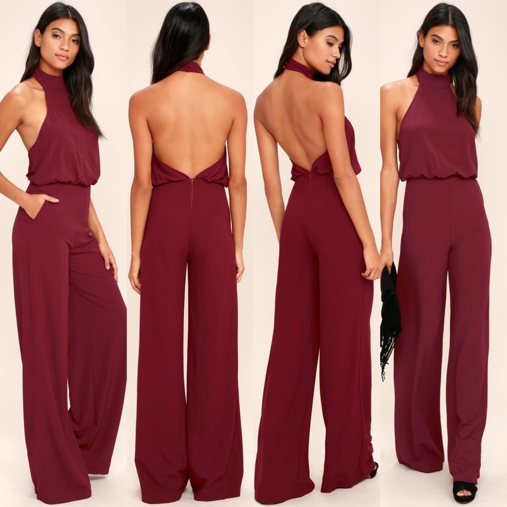 Lulu's sexy backless halter wine red jumpsuit